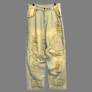 Paper Lace Distressed Patchwork Barrel Leg Elastic Waist Jeans Size M Baggy Boho